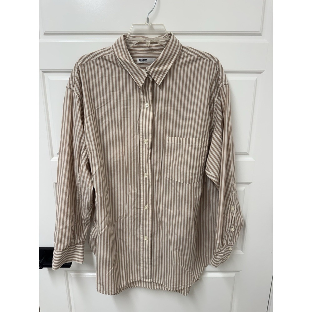 1X Sonoma Top Shirt Blouse Tan White Stripe Button Front Oversized A12